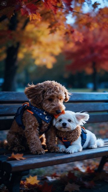 Imagined Milo and Lune cuddling on a bench in autumn