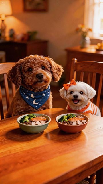 Imagined Milo and Lune at a dinner table with food bowls
