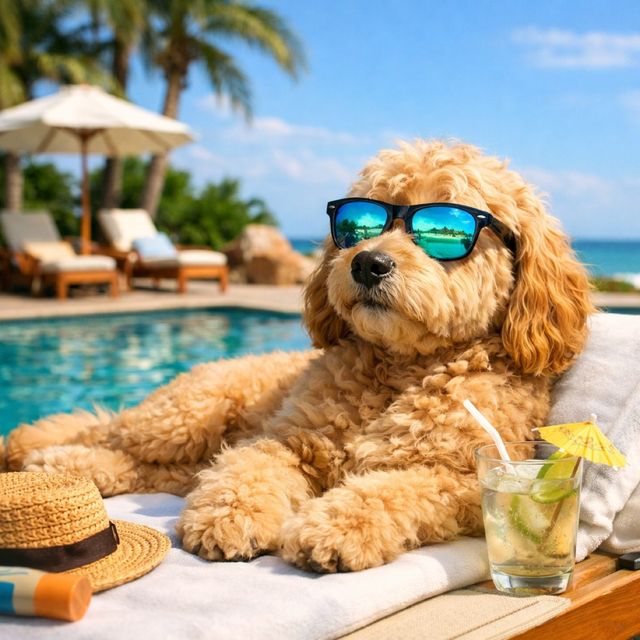 Imagined Milo wearing sunglasses on a poolside lounger