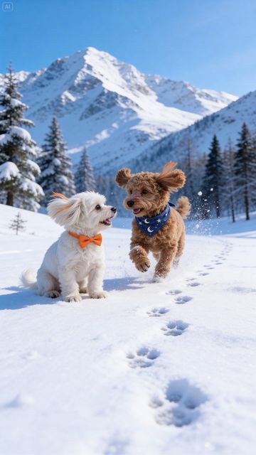 Imagined Milo and Lune playing in a snowy mountain landscape