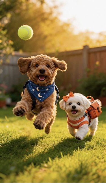 Imagined Milo and Lune chasing a tennis ball on grass