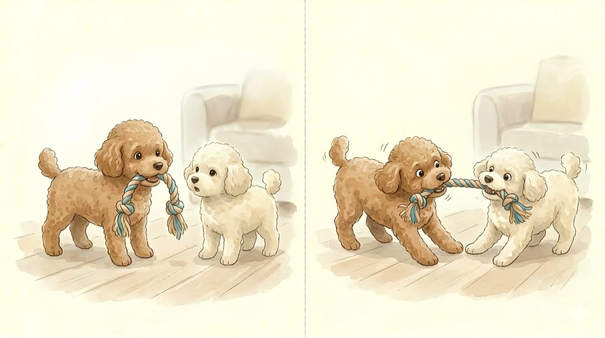 Picture book spread: Milo and Lune playing tug-of-war with a rope toy