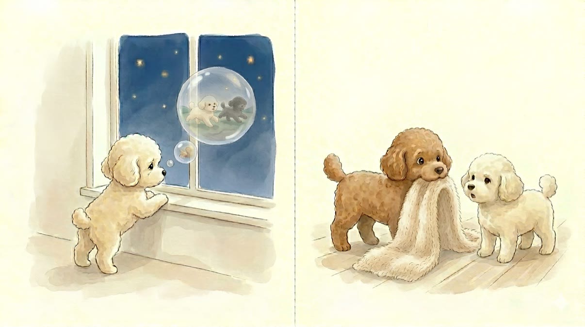 Picture book spread: Lune looking out of a night window at the stars and moon