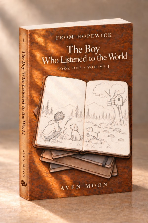 3D preview of the novel The Boy Who Listened to the World standing on a surface, showing the front cover with an open notebook sketch and the spine